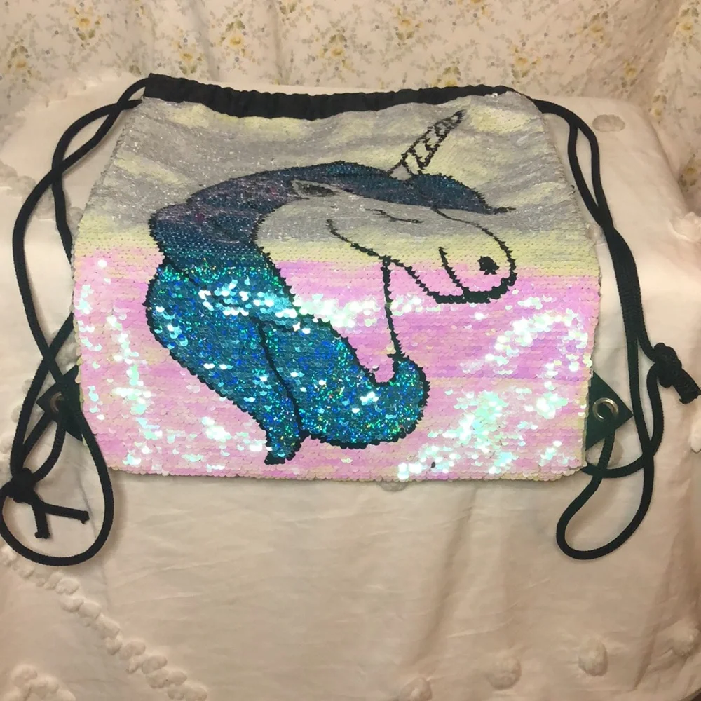 Pink and turquoise iridescent Unicorn Magic sequin backpack. - Picture 8 of 8
